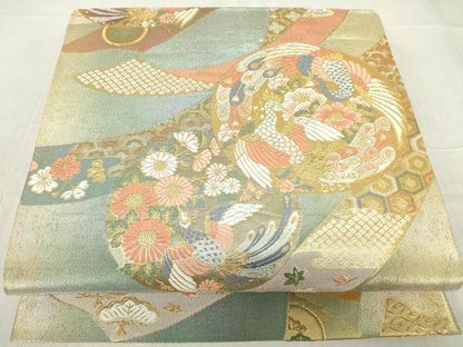 平和屋着物▼六通柄袋帯　短冊孔雀花文　金糸　正絹　逸品　DABE4574az