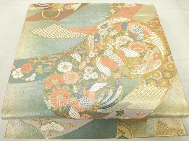 平和屋着物▼六通柄袋帯　短冊孔雀花文　金糸　正絹　逸品　DABE4574az