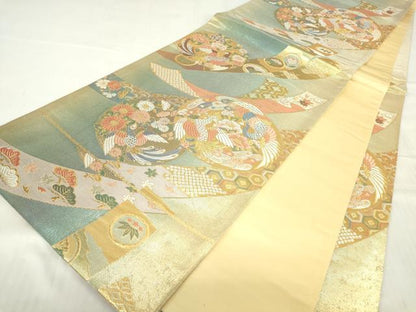 平和屋着物▼六通柄袋帯　短冊孔雀花文　金糸　正絹　逸品　DABE4574az