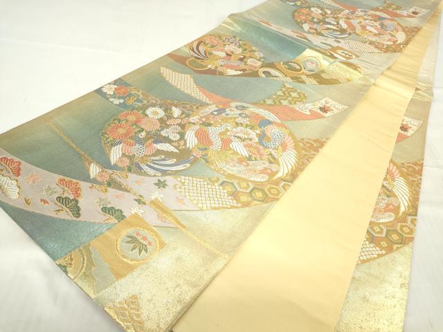 平和屋着物▼六通柄袋帯　短冊孔雀花文　金糸　正絹　逸品　DABE4574az
