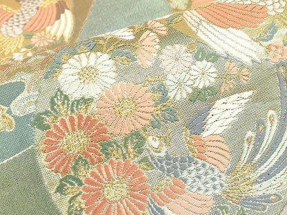 平和屋着物▼六通柄袋帯　短冊孔雀花文　金糸　正絹　逸品　DABE4574az
