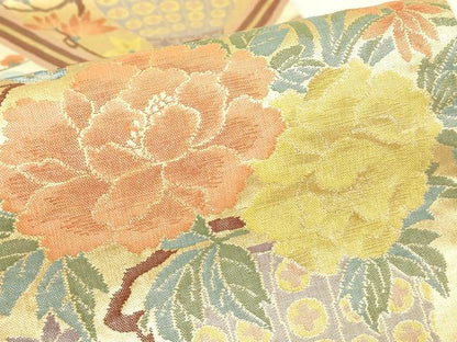 平和屋着物▼六通柄袋帯　陶器花文　金糸　正絹　逸品　DABE4589az