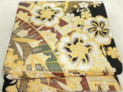 平和屋着物▼六通柄袋帯　舞桜　黒地　金銀糸　正絹　逸品　DABE4596az
