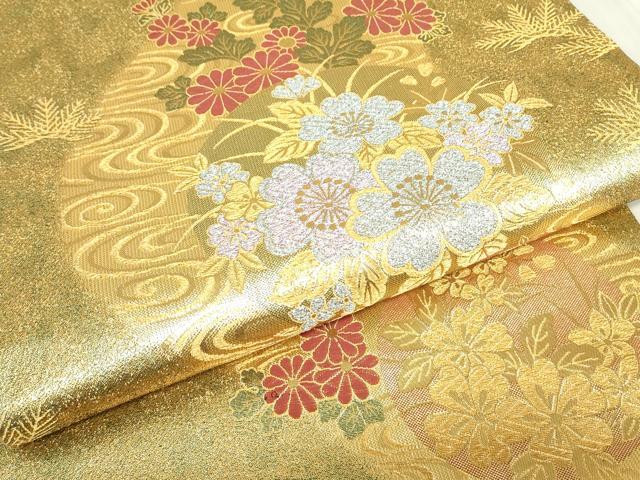 平和屋着物▼六通柄袋帯 流水花丸文 金糸 正絹 逸品 DABE4603az