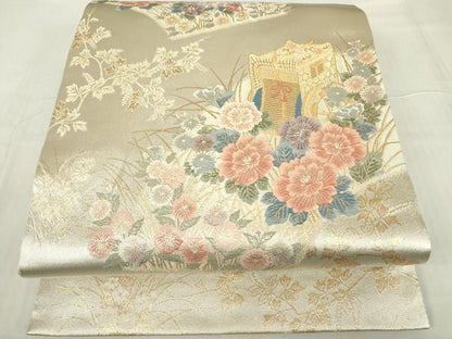 平和屋着物▼六通柄袋帯 御所車花文 金糸 正絹 逸品 DABE4625az