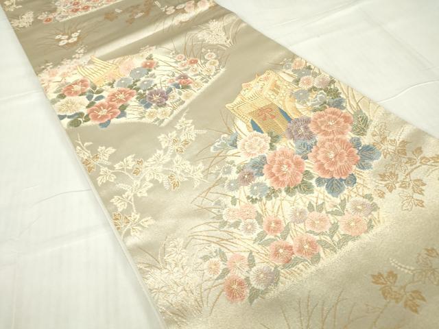 平和屋着物▼六通柄袋帯 御所車花文 金糸 正絹 逸品 DABE4625az