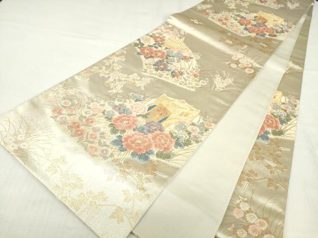 平和屋着物▼六通柄袋帯 御所車花文 金糸 正絹 逸品 DABE4625az