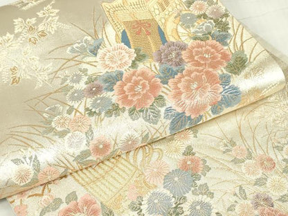 平和屋着物▼六通柄袋帯 御所車花文 金糸 正絹 逸品 DABE4625az