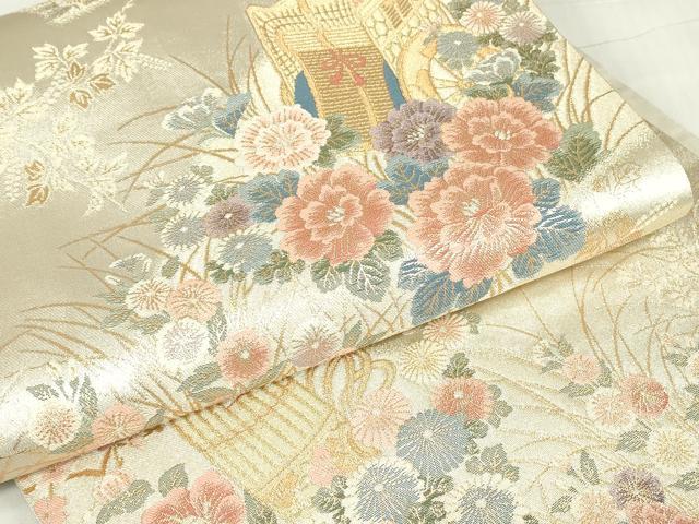 平和屋着物▼六通柄袋帯 御所車花文 金糸 正絹 逸品 DABE4625az