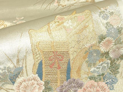 平和屋着物▼六通柄袋帯 御所車花文 金糸 正絹 逸品 DABE4625az