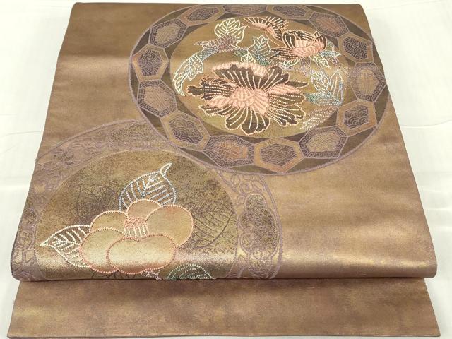 平和屋着物▼中国三大刺繍 相良刺繍 総刺繍 太鼓柄袋帯 牡丹絵皿文 引箔 正絹 逸品 DABE4628az