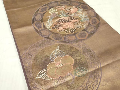 平和屋着物▼中国三大刺繍 相良刺繍 総刺繍 太鼓柄袋帯 牡丹絵皿文 引箔 正絹 逸品 DABE4628az