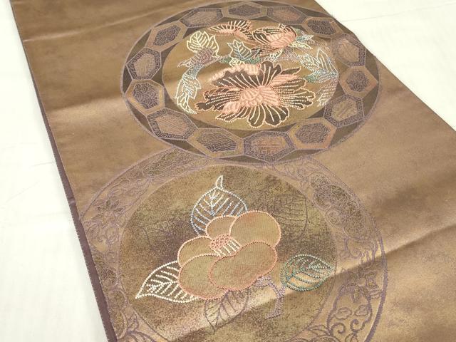 平和屋着物▼中国三大刺繍 相良刺繍 総刺繍 太鼓柄袋帯 牡丹絵皿文 引箔 正絹 逸品 DABE4628az