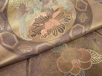 平和屋着物▼中国三大刺繍 相良刺繍 総刺繍 太鼓柄袋帯 牡丹絵皿文 引箔 正絹 逸品 DABE4628az