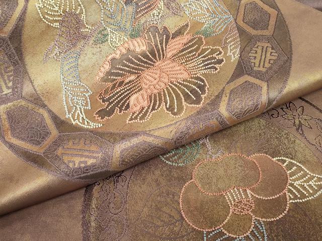 平和屋着物▼中国三大刺繍 相良刺繍 総刺繍 太鼓柄袋帯 牡丹絵皿文 引箔 正絹 逸品 DABE4628az