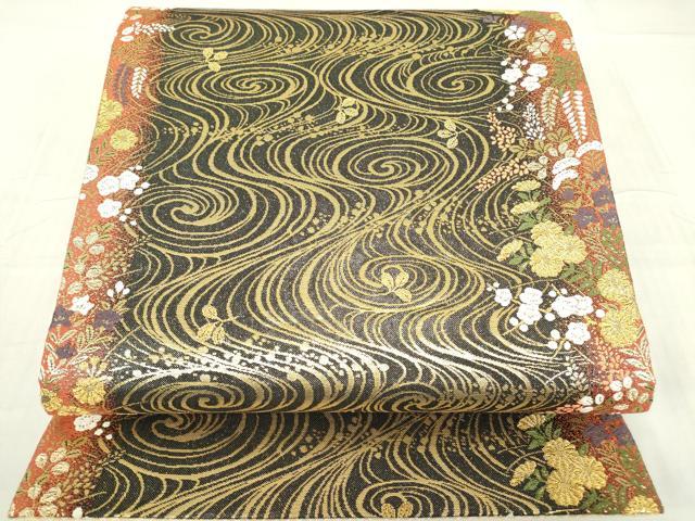 平和屋着物▼佐賀錦 六通柄袋帯 唐織 流水花文 金糸 鈴乃屋扱い 正絹 逸品 DABE4629az