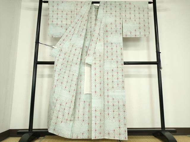 平和屋着物▽上質な紬　単衣　麻の葉文　正絹　逸品　DABE4639az