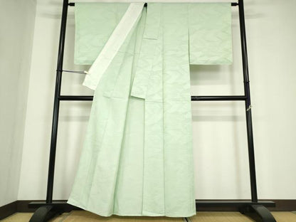 平和屋着物▽上質な色無地　単衣　舞葉地紋　青磁鼠色　正絹　逸品　DABE4642az