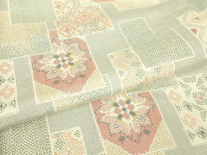 平和屋着物▽本塩沢　単衣　正倉院花文　正絹　逸品　DABE4645az