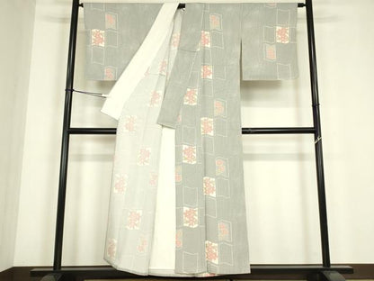 平和屋着物▽上質な小紋　単衣　色紙花文　正絹　逸品　DABE4650az