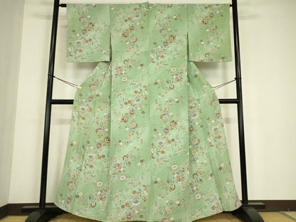 平和屋着物▽上質な小紋　単衣　更紗花文　金彩　正絹　逸品　DABE4674az