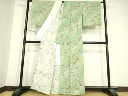平和屋着物▽上質な小紋　単衣　更紗花文　金彩　正絹　逸品　DABE4674az