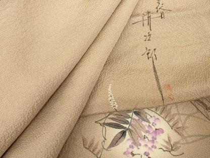 平和屋着物▽二代目清次郎監修　手描き　色無地　単衣　ワンポイント　枝垂れ藤　白茶色　正絹　逸品　DABE4679az