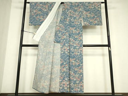 平和屋着物▽上質な小紋　単衣　草花文　正絹　逸品　DABE4684az