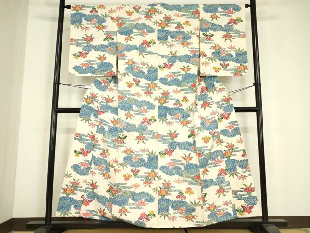 平和屋着物▽上質な紬　単衣　型染め　雲取り花文　正絹　逸品　DABE4685az