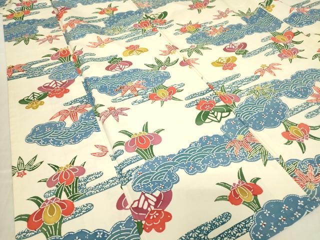 平和屋着物▽上質な紬　単衣　型染め　雲取り花文　正絹　逸品　DABE4685az