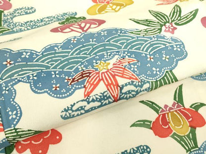 平和屋着物▽上質な紬　単衣　型染め　雲取り花文　正絹　逸品　DABE4685az