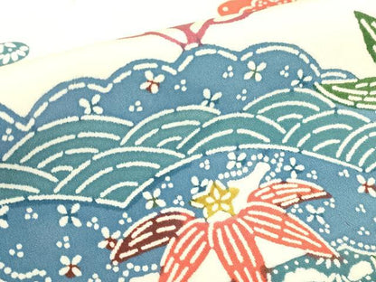 平和屋着物▽上質な紬　単衣　型染め　雲取り花文　正絹　逸品　DABE4685az