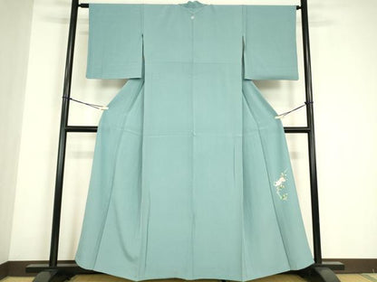 平和屋着物▽上質な色無地　単衣　ワンポイント　浅縹色　正絹　逸品　DABE4690az