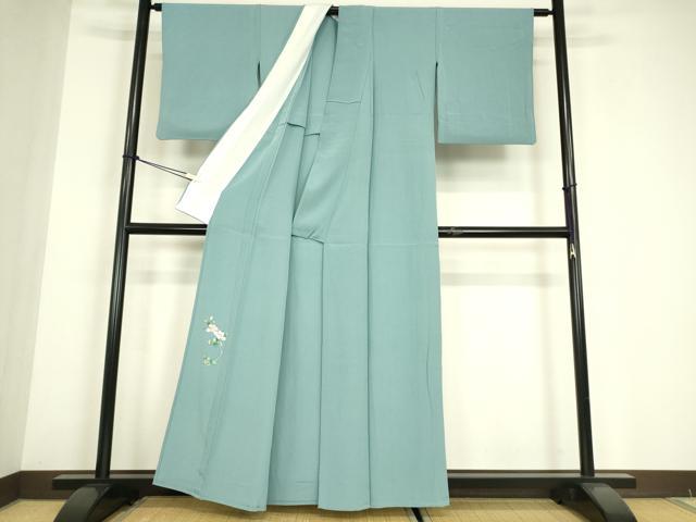 平和屋着物▽上質な色無地　単衣　ワンポイント　浅縹色　正絹　逸品　DABE4690az