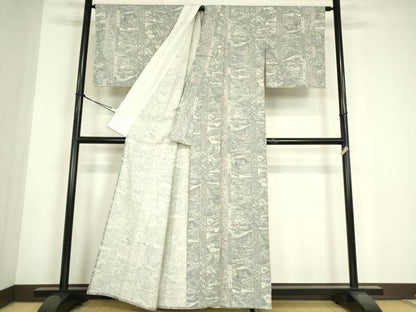 平和屋着物▽上質な小紋　単衣　紬地　人物風景文　正絹　逸品　DABE4692az