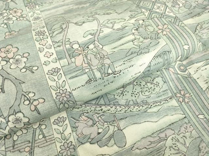 平和屋着物▽上質な小紋　単衣　紬地　人物風景文　正絹　逸品　DABE4692az