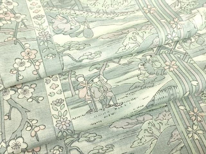 平和屋着物▽上質な小紋　単衣　紬地　人物風景文　正絹　逸品　DABE4692az