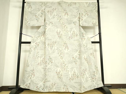 平和屋着物▽上質な小紋　単衣　紬地　切嵌め花文様　正絹　逸品　DABE4703az