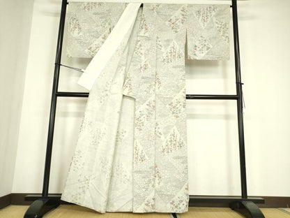 平和屋着物▽上質な小紋　単衣　紬地　切嵌め花文様　正絹　逸品　DABE4703az