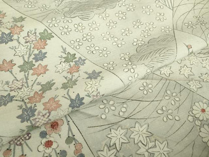平和屋着物▽上質な小紋　単衣　紬地　切嵌め花文様　正絹　逸品　DABE4703az