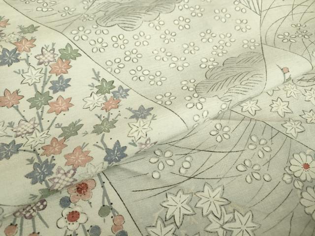 平和屋着物▽上質な小紋　単衣　紬地　切嵌め花文様　正絹　逸品　DABE4703az