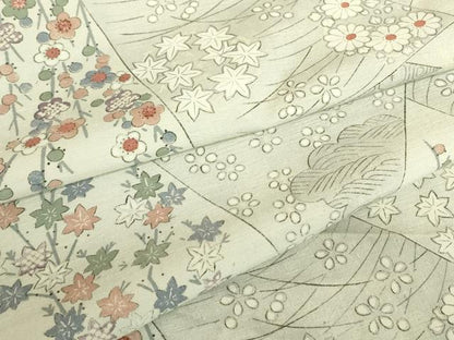 平和屋着物▽上質な小紋　単衣　紬地　切嵌め花文様　正絹　逸品　DABE4703az