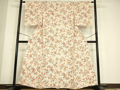 平和屋着物▽上質な小紋　単衣　紬地　扇面花文　正絹　逸品　DABE4704az