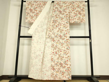 平和屋着物▽上質な小紋　単衣　紬地　扇面花文　正絹　逸品　DABE4704az