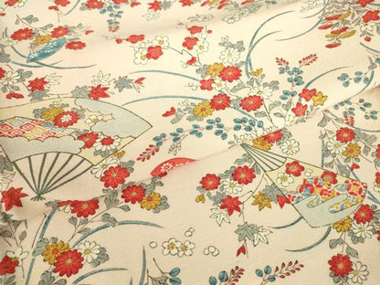 平和屋着物▽上質な小紋　単衣　紬地　扇面花文　正絹　逸品　DABE4704az