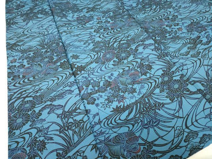 平和屋着物▽本藍　型絵染　小紋　単衣　鴛鴦花文　正絹　逸品　DABE4707az