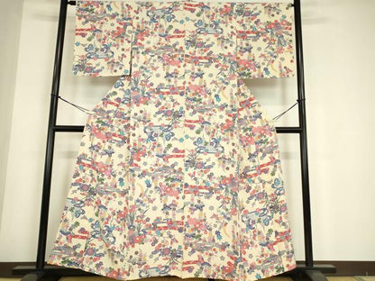 平和屋着物▽上質な小紋　単衣　型染め　花鳥蝶文　正絹　逸品　DABE4708az