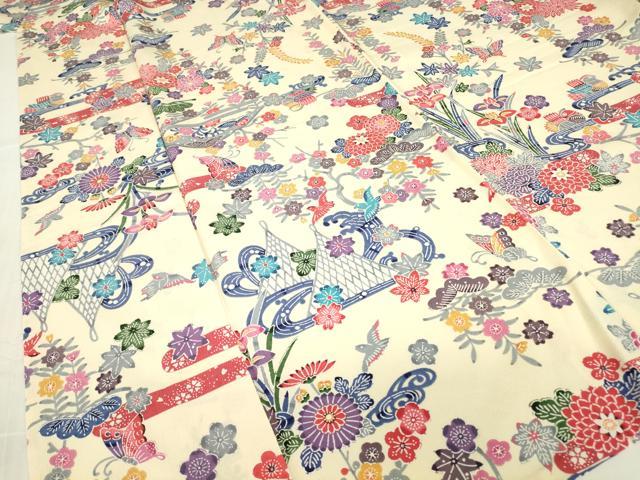 平和屋着物▽上質な小紋　単衣　型染め　花鳥蝶文　正絹　逸品　DABE4708az