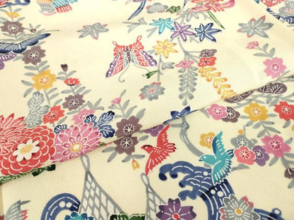 平和屋着物▽上質な小紋　単衣　型染め　花鳥蝶文　正絹　逸品　DABE4708az