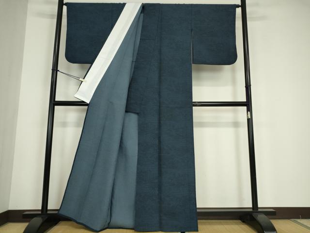 平和屋着物▽上質なお召　単衣　霞取風景文　100亀甲　正絹　逸品　DABE4710az